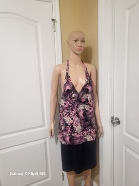 Bisou Bisou Pink and Black Halter V-Neck Printed Camisole NWT (Y2k) Size XL
